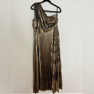 Gold Metallic One Shoulder Pleated Dress Goddess Glam Formal Event Statement